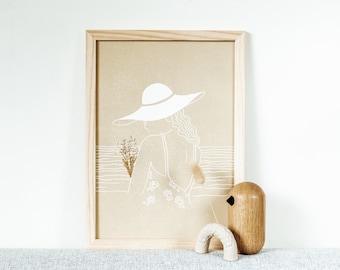 Embroidered linocut print Louise - the sun hat