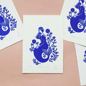 Mermaid linocut "Sea House" - Marion Romain