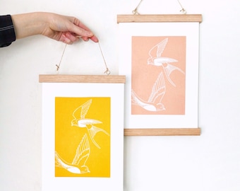 Linocut swallows