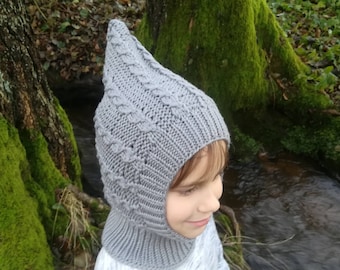 Merino Wool Balaclava.Pixie hat.Children Elf hat.Hoodie hat with Neck warmer.Grey winter hat.Hand knit hat READY TO SHIP 6-10 years