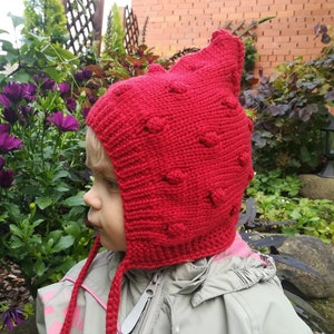 Knitted pixie bonnet.Elf hat.Bobble Pixie Bonnet.Merino wool hat.Hand knitted pixie hat.Red hat.READY TO SHIP 12-24 months