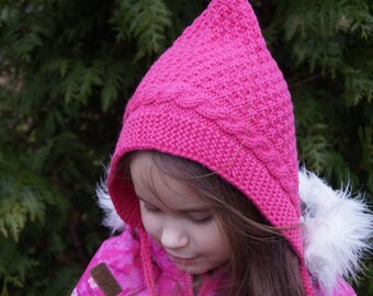 Handgestrickte Pixie Mütze in Rosa aus Merinowolle - 7+ Jahre