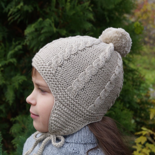 Hand Knit Merino Wool Baby Hat: Cream Winter Pom Pom Beanie