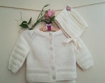 Merino Wool baby set. Newborn cardigan and hat set. Knitted baby sweater. Christening outfit set. Newborn coming home outfit. Shower gift.