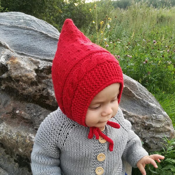 Hand Knit Merino Wool Pixie Hat: Baby Elf Bonnet Baby/Toddler/Kids/Adults Pixie Hat,Red Hand Knitted Hat