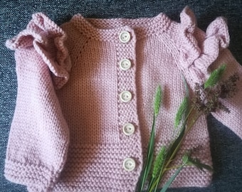 Hand knitted cardigan.Hand Knit Sweater.Knitted pink swearer.Baby/toddler/child cardigan.Jacket with ruffle Knitted merino wool cardigan