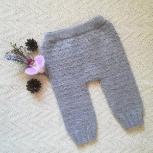 Hand knitted pants for babies,toddler and children. Merino wool leggings, light grey trousers for girls, boys. Baby winter pants.