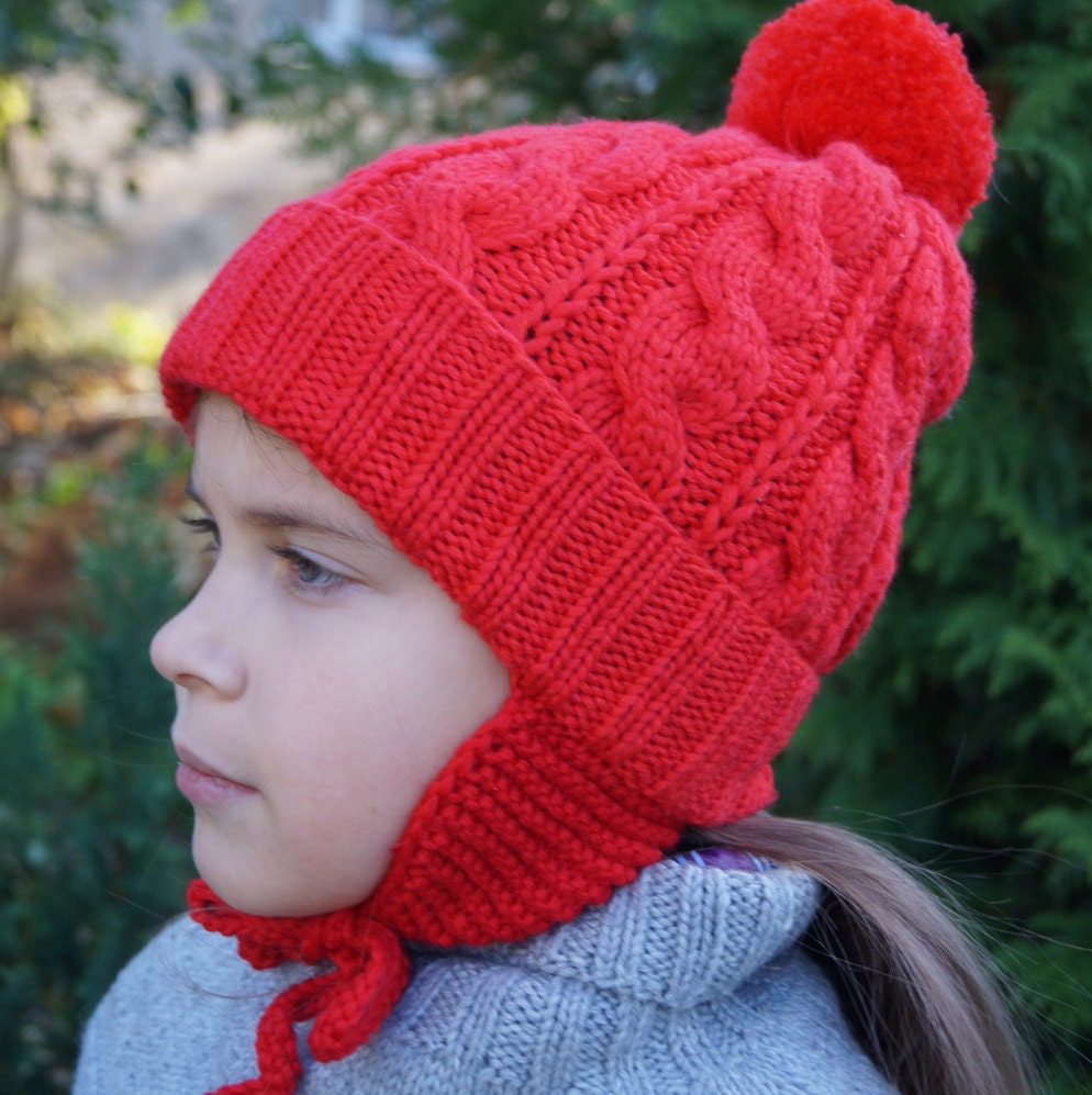 Pom Pom Beanie With Ear Flaps.knitted Girls/boys Hat. - Etsy