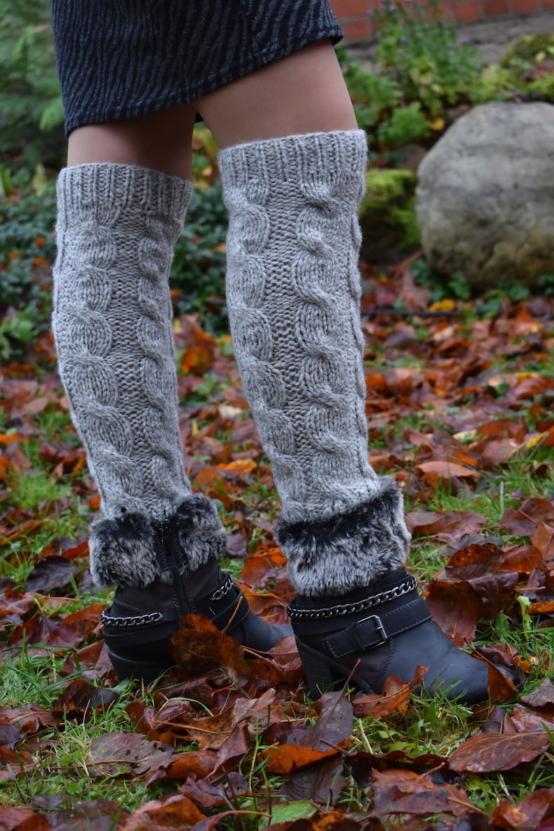 Wool knitted leg warmer.Leg warmer knee high.Grey leg Etsy