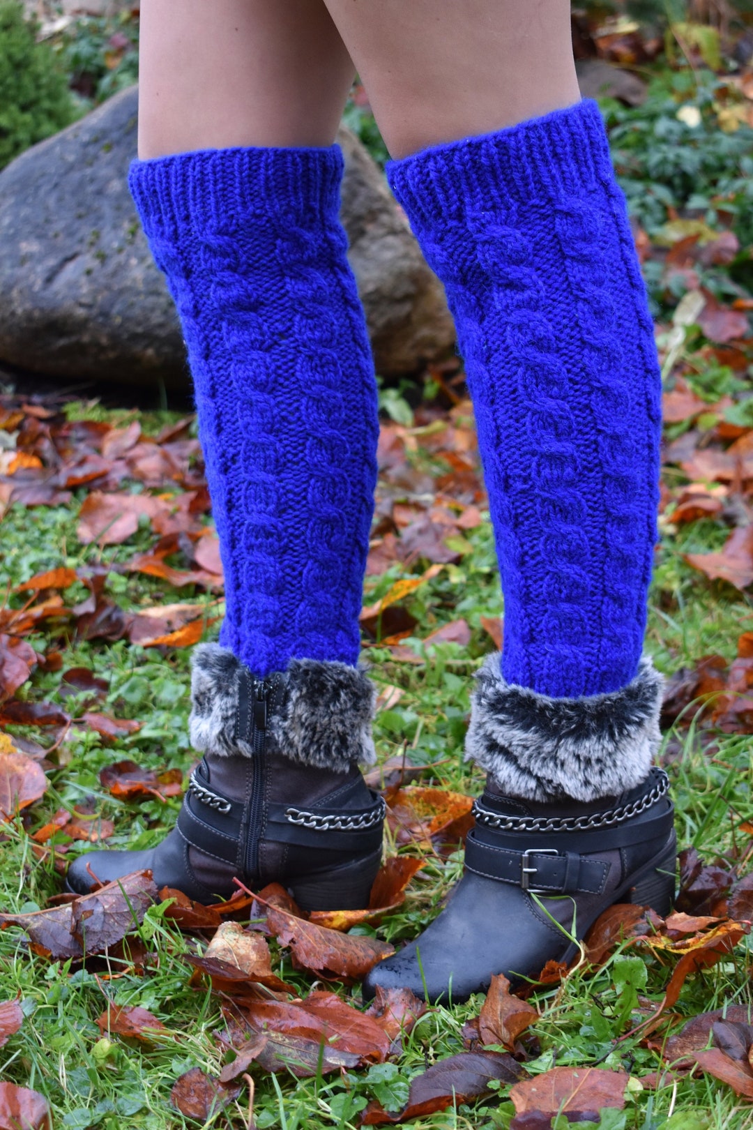 Wool Knitted Leg Warmer.leg Warmer Knee High.navy Blue Leg Warmers.boot