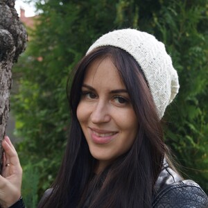 Knit Slouch Hat for women, Slouchy beanie, Winter hat, Ladies slouchy hat, White slouch hat, Cable Knit Beanie, Merino wool hat.