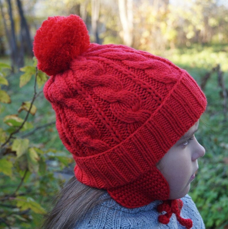Pom Pom Beanie With Ear Flaps.knitted Girls/boys Hat. Etsy