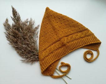 Knitted pixie bonnet.Baby/toddler/child/teens/adult pixie hat.Elf hat.Mustard pixie bonnet.Merino wool hat.Hand knitted pixie hat.