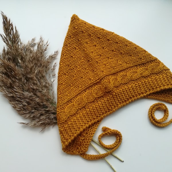 Knitted pixie bonnet.Baby/toddler/child/teens/adult pixie hat.Elf hat.Mustard pixie bonnet.Merino wool hat.Hand knitted pixie hat.