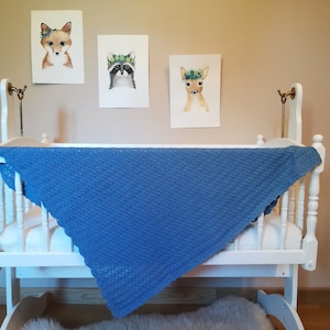 Knit Cotton Baby Blanket: Blue Stroller Afghan, Newborn Gift