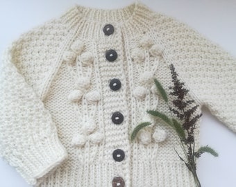 Hand Knitted Merino Wool Baby Cardigan: White Toddler Jacket