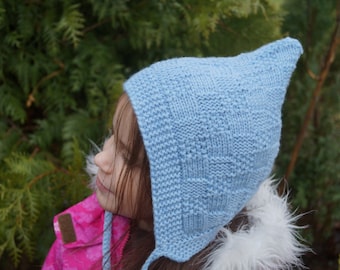 Handmade knitted Baby Pixie Hat. Knitted Hat. Pixie Bonnet. Elf hat Children's Hat. Knit pixie hat. Blue hat. READY TO SHIP 7+years