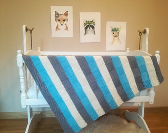 Hand Knitted Merino Wool Baby Blanket: Blue & Grey Striped Afghan