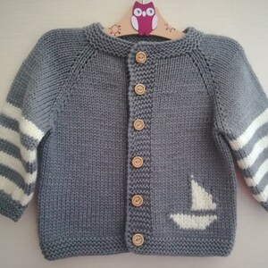 Hand Knit Baby Cardigan: Merino Wool Sweater, Nautical Design