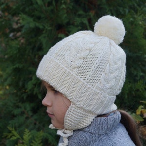 Pom Pom Beanie With Ear Flaps.knitted Girls/boys Hat.6-10 - Etsy