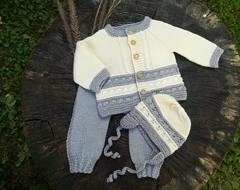 Knitted baby set. Merino set jacket, trousers and hat. Merino wool baby set. Gift for New baby. Shower gift.