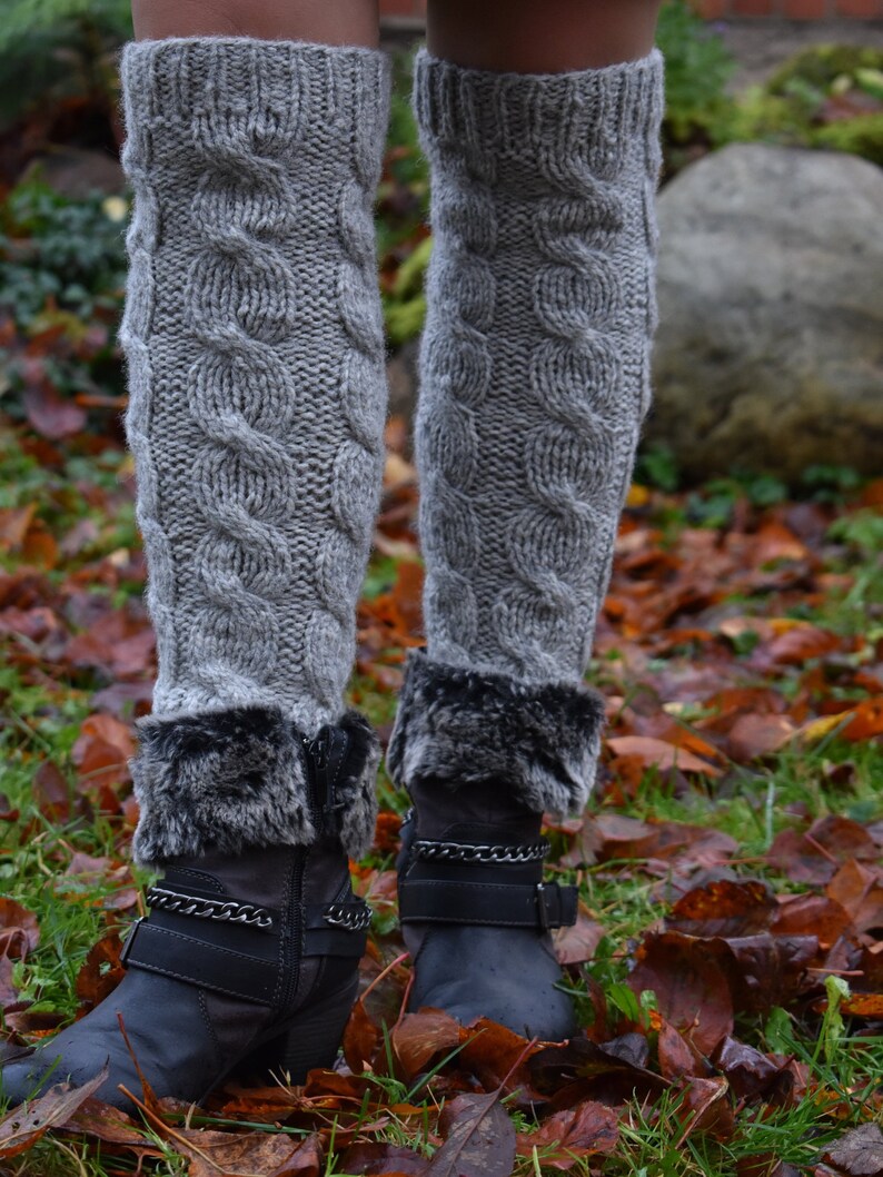Wool knitted leg warmer.Leg warmer knee high.Grey leg Etsy