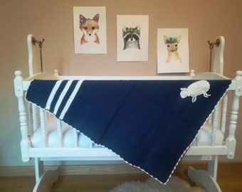 Knit baby blanket with lamb applique ,Hand knitted organic cotton afghan, blue cot/stroller blanket, baby shower gift. Ready to ship