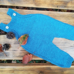 Puede incluir: Un mono de punto azul para bebé con cierre de botones. El mono está sobre una superficie de madera con hojas de otoño.