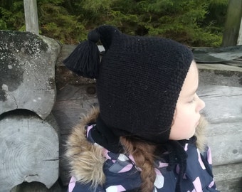 Hand Knit Merino Wool Pixie Hat: Baby Toddler Children Elf Bonnet Black Pixie Hat