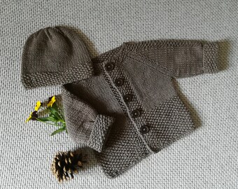 Hand Knit Cotton Baby Sweater Set: Brown Cardigan & Hat