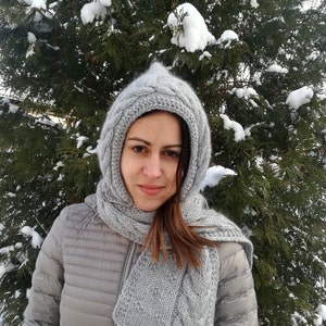 Hand Knit Hood Scarf, Grey/Red/White Pixie Hooded Scarf, Merino/mohair Hooded Neck warmer, Winter Knitted Hood/ Hand Knitted  Hooded cowl