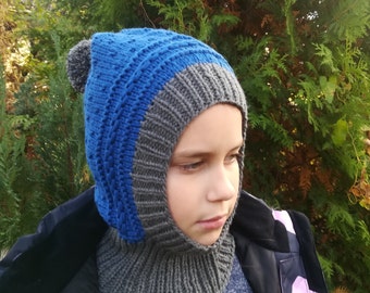 Merino Balaclava with reflective pom.Children Elf hat.Hoodie hat with Neck warmer.Grey/navy blue winter hat.READY TO SHIP 6-10 years