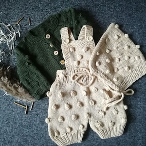 Popcorn Knit Cardigan,bloomers and hat.Merino wool.knitted baby set Newborn,baby,toddler cardigan.Popcorn Knit Clothing Set.Shower gift.