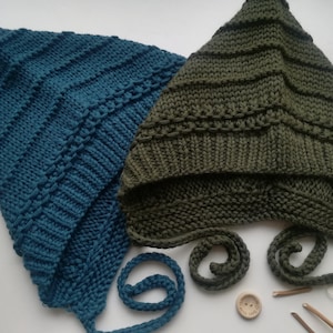 Knitted pixie bonnet.Baby/toddler/child/teens/adult pixie hat.Elf hat.Green pixie bonnet.Merino Wool hat.Hand knitted pixie hat.