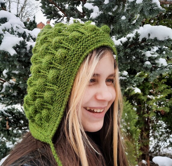 Hand Knitted hat.Bobble Bonnet. Adult hat.Elf Hat Green hat.Stylish Pixie Bonnet. Merino/alpaca Wool hat.Chunky Knit hat.READY to Ship.