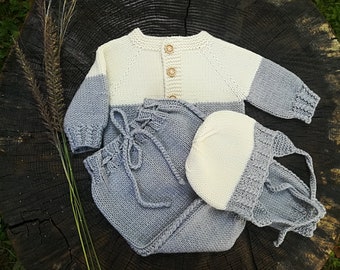 Grey baby set.Merino/cashmere set- jacket,pants and hat.Hand Knit Baby Toddler Merino wool baby set. Gift for New baby. Shower gift.
