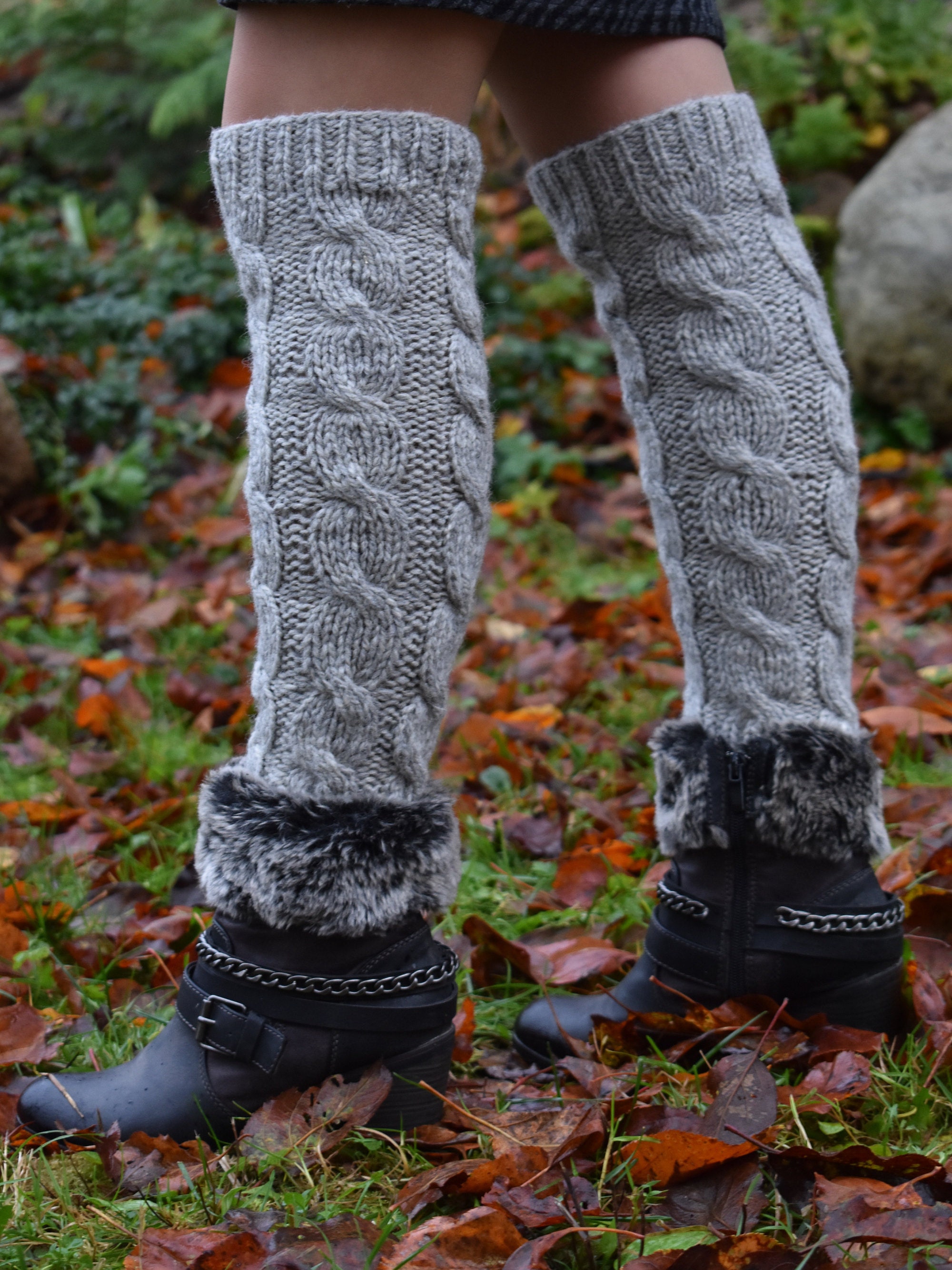 Wool knitted leg warmer.Leg warmer knee high.Grey leg Etsy