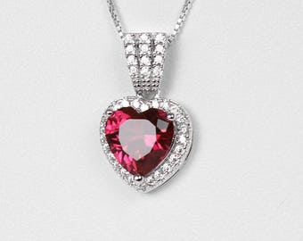 Ruby Sterling Silver Necklace / Ruby Necklace with Diamond Accents / Pendant