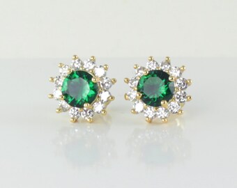 Emerald Earrings 14K Yellow Gold-Filled / Emerald Earrings Studs