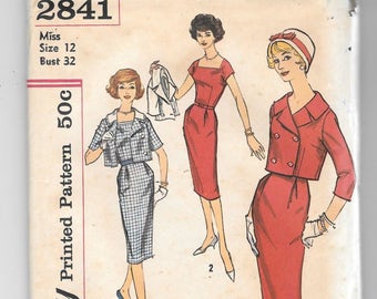 UNCUT Vintage 1950s Misses Wiggle Dress and Jacket Sewing Pattern Simplicity  2841 Size 12 Bust 32