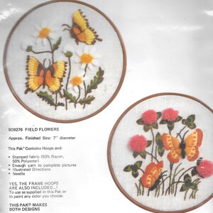 Vintage Bernat Butterflies Flowers 2 Designs Round Frames Embroidery Kit 7" Diameter
