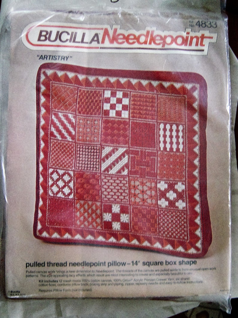 Vintage Bucilla Needlepoint Artistry Pulled Thread 14 Pillow Square Box Shape Kit #4833