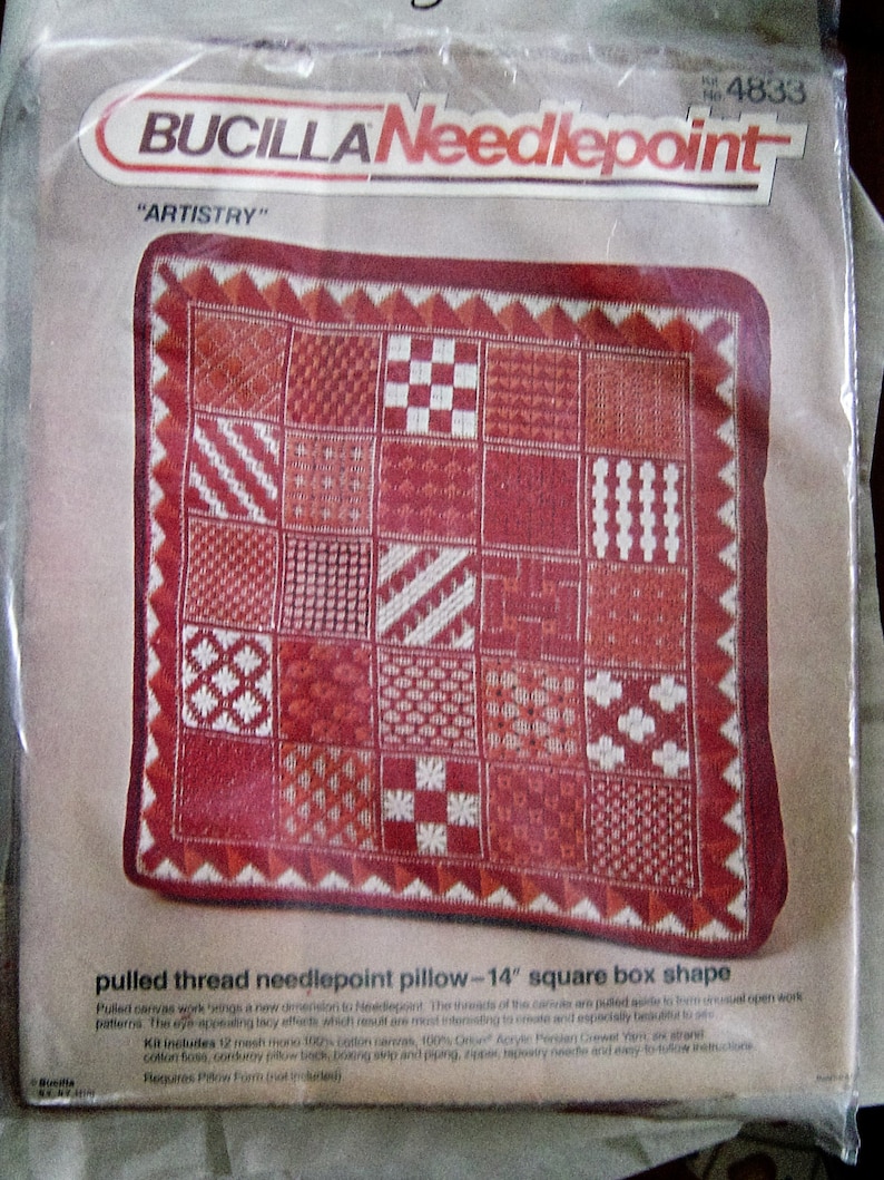 Vintage Bucilla Needlepoint Artistry Pulled Thread 14 Pillow Square Box Shape Kit #4833