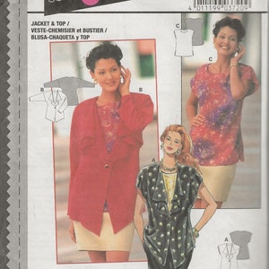 May include: A vintage Burda Super Easy sewing pattern for a jacket and top. The pattern features illustrations of different styles, including a red jacket, a patterned top, and a black and white polka dot vest. The pattern includes the text "JACKET & TOP".