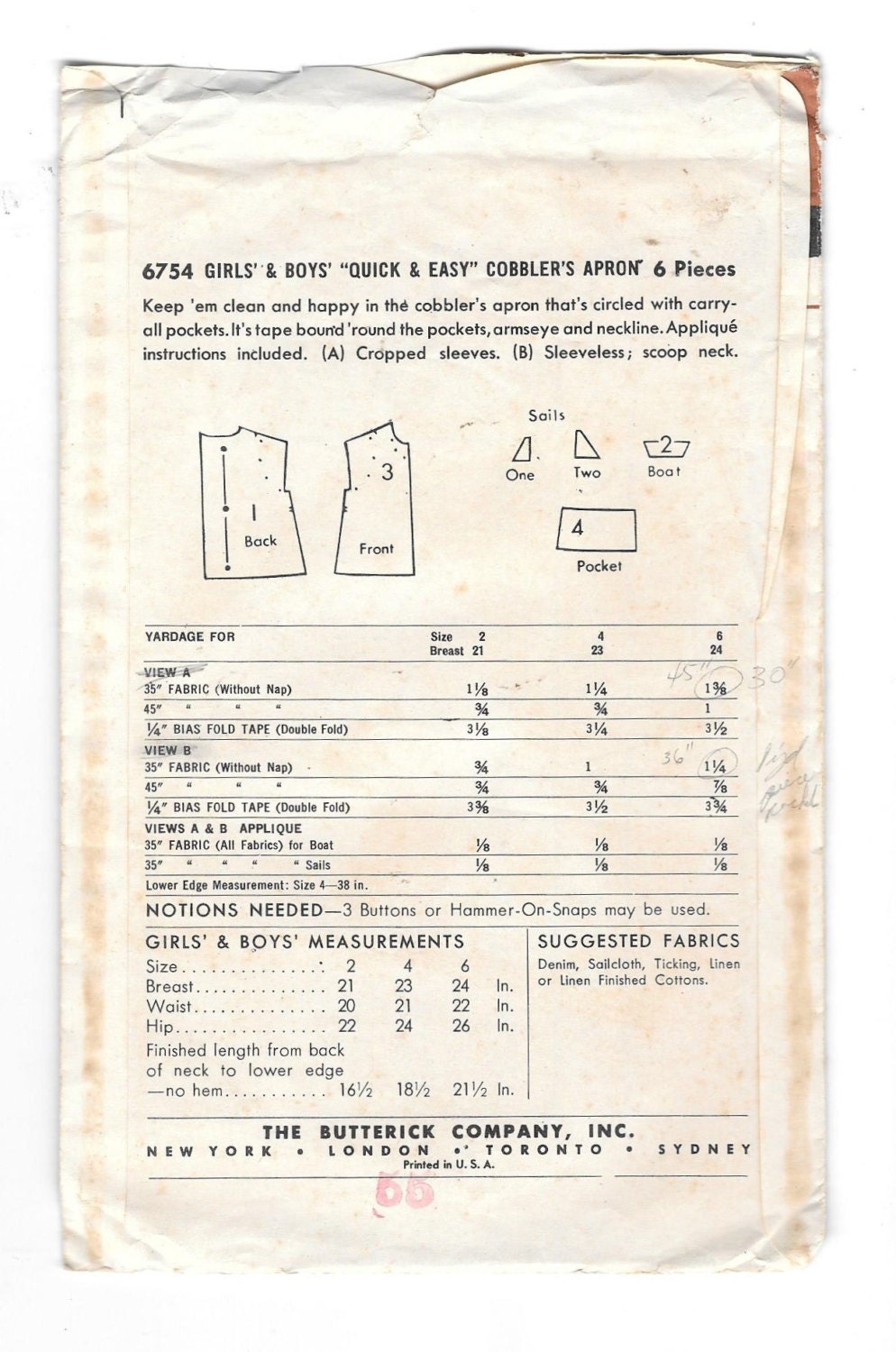 Vintage 1950s Butterick 6754 Childs Cobble Apron Sewing - Etsy