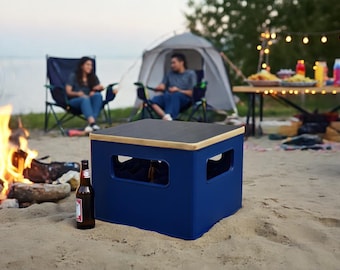 Bierkastensitz Holz, Sitzauflage für Getränkekiste, Festival Hocker, Outdoor Sitz, Eurobox passend, Campingstuhl Holz, personalisierbar