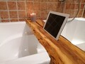 Bathtub board Relax-Rex made of solid oak wood with naturally shaped tree edge, bathtub shelf, time-out shelf for romantic wellness time