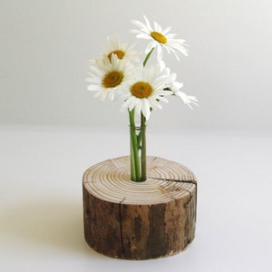 Può includere: Un vaso in legno rustico con una parte superiore rotonda e un foro al centro per una provetta di vetro. Il vaso è pieno di margherite bianche con centri gialli.