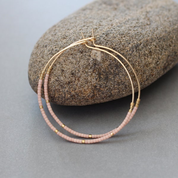 Pink Beaded Hoop Earrings, Dainty hoop earrings, Gold hoop earrings, Seed bead hoop earrings, Simple hoop earrings