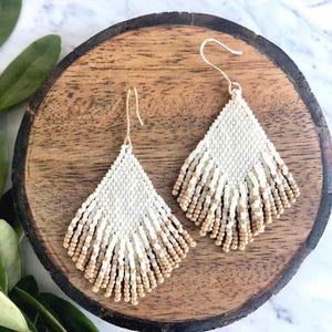 Beaded earrings, Statement earrings, White earrings, Seed bead earrings, Fringe earrings, Dangle earrings, Boho earrings